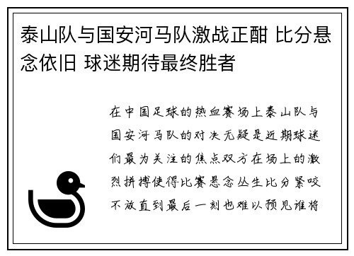 泰山队与国安河马队激战正酣 比分悬念依旧 球迷期待最终胜者